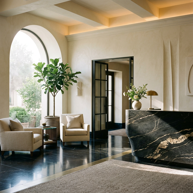 A welcoming boutique hotel lobby in soft morning light