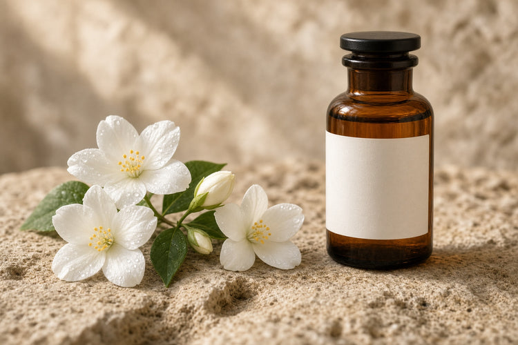 An amber glass bottle with an ivory label beside jasmine flowers