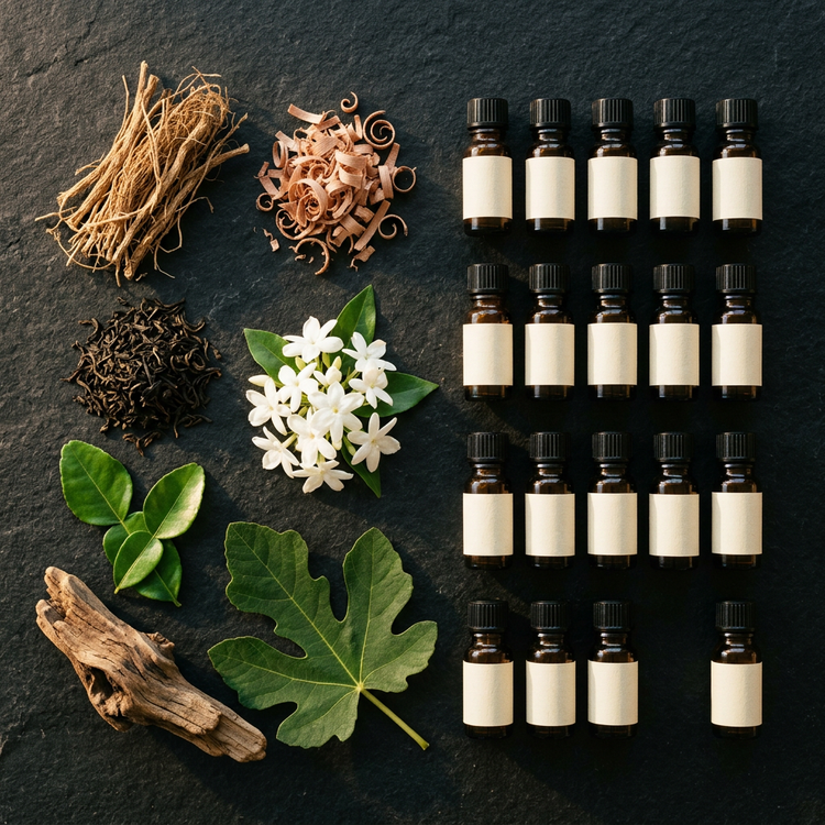 Fragrance ingredients such as vetiver, cedar, tea, jasmine and fig leaf beside rows of amber vials