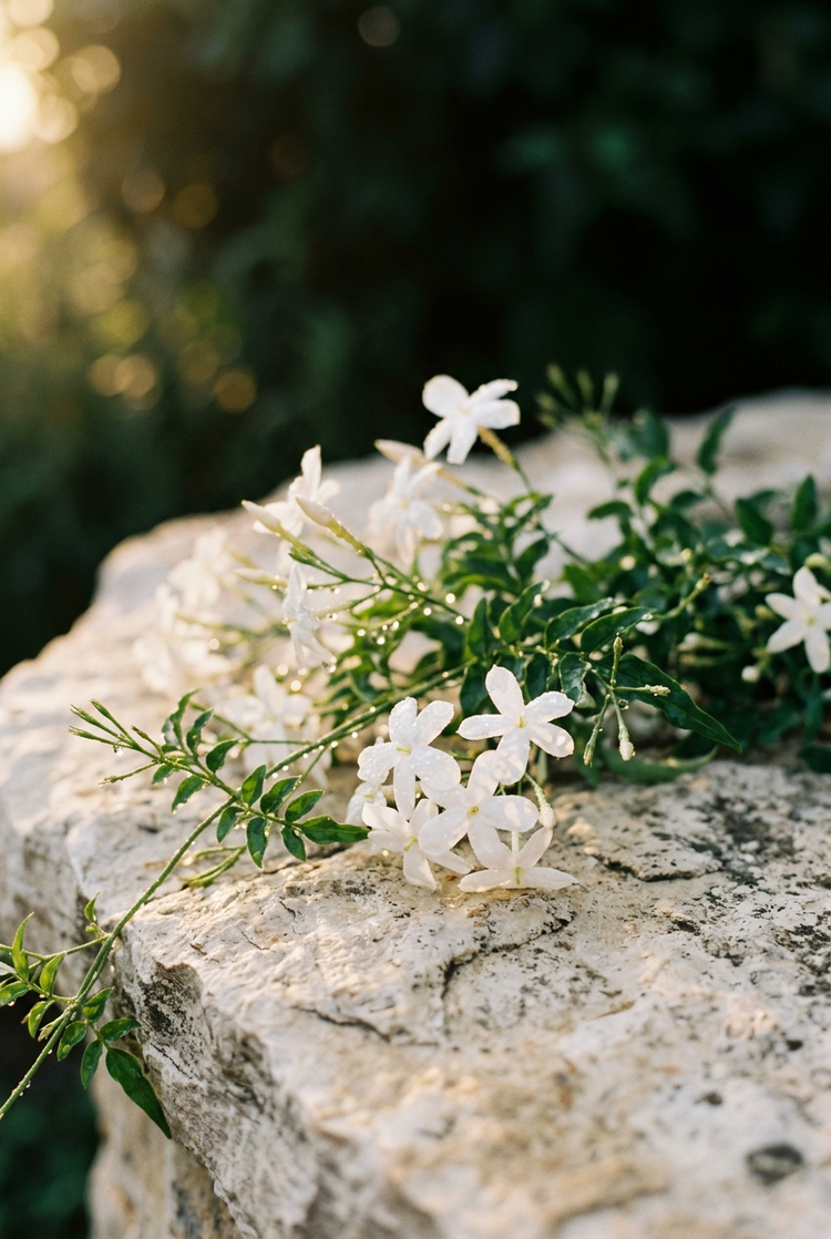 Fresh jasmine flowers and green stems on pale stone in evening light