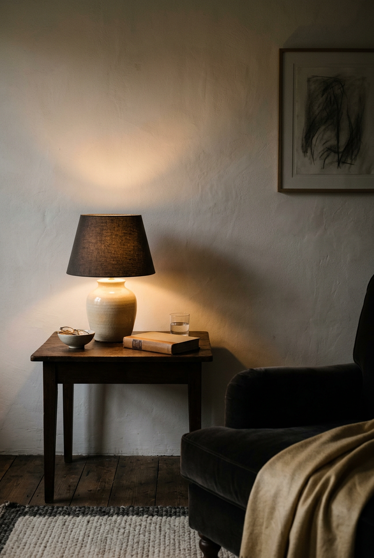A quiet home corner after dusk lit by a single lamp