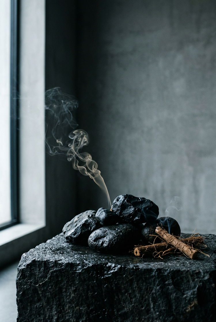 Dark basalt stones with a curl of incense smoke and vetiver roots