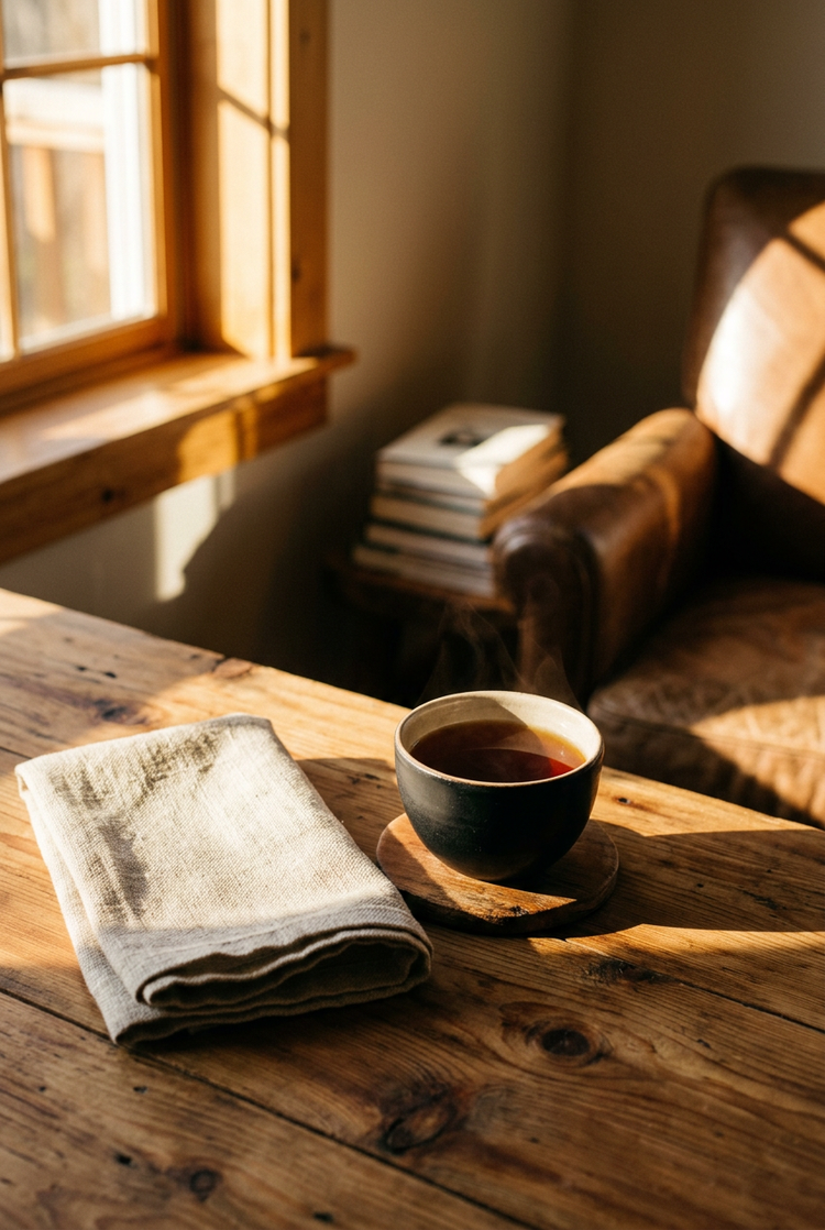 A cup of black tea on a cedar table beside folded linen in afternoon sun