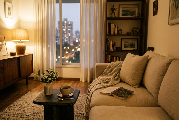 A cosy apartment living room in the evening with tea, a book and jasmine