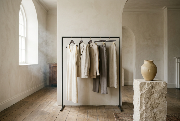 A calm showroom with linen garments on a rail and a ceramic vase