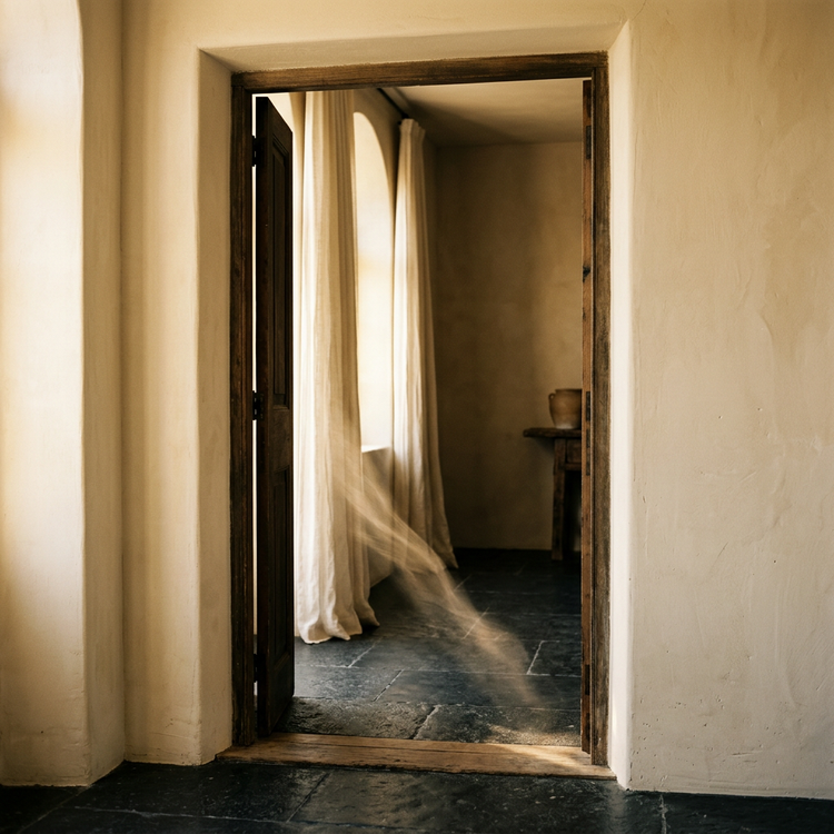 A soft ribbon of fragrant air drifting out through an open doorway