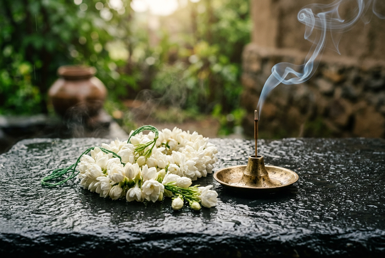 A jasmine gajra and a brass incense holder on wet stone after rain