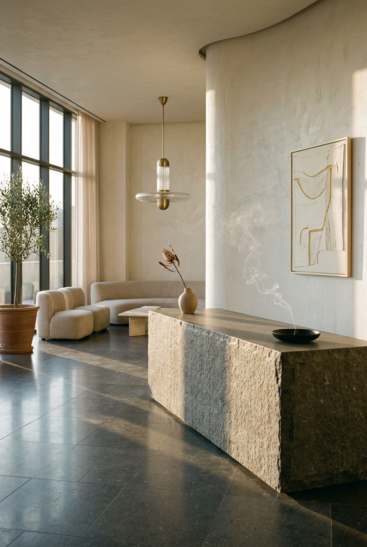An elegant, empty hotel reception in late afternoon with a last wisp of fragrance fading