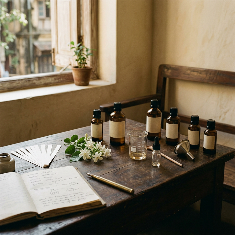 A fragrance workbench with amber bottles, scent strips, jasmine and a notebook in window light